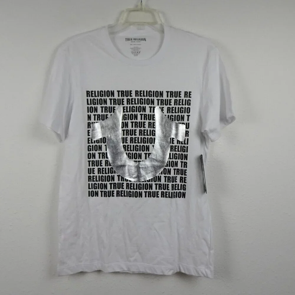 True Religion T-Shirt Men's Size S White Horseshoe Spell Out Logo Cotton